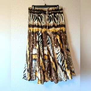 Mix Nouveau Boho Hippie Style Animal Wild Elegance A-Line Skirt in Brown Cream L